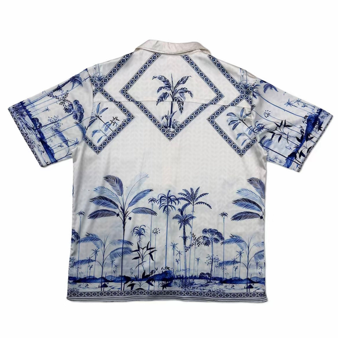 Blue-White Palm Tree Landscape Print Men’s Cuban Collar Shirt