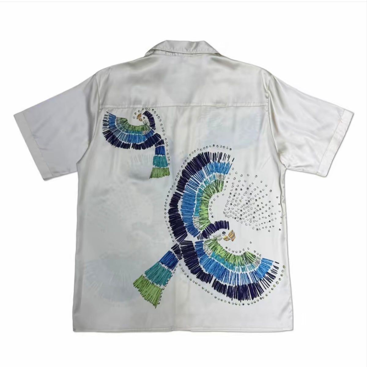 Vintage Bird Rhinestone Detail Men’s Cuban Collar Satin Shirt