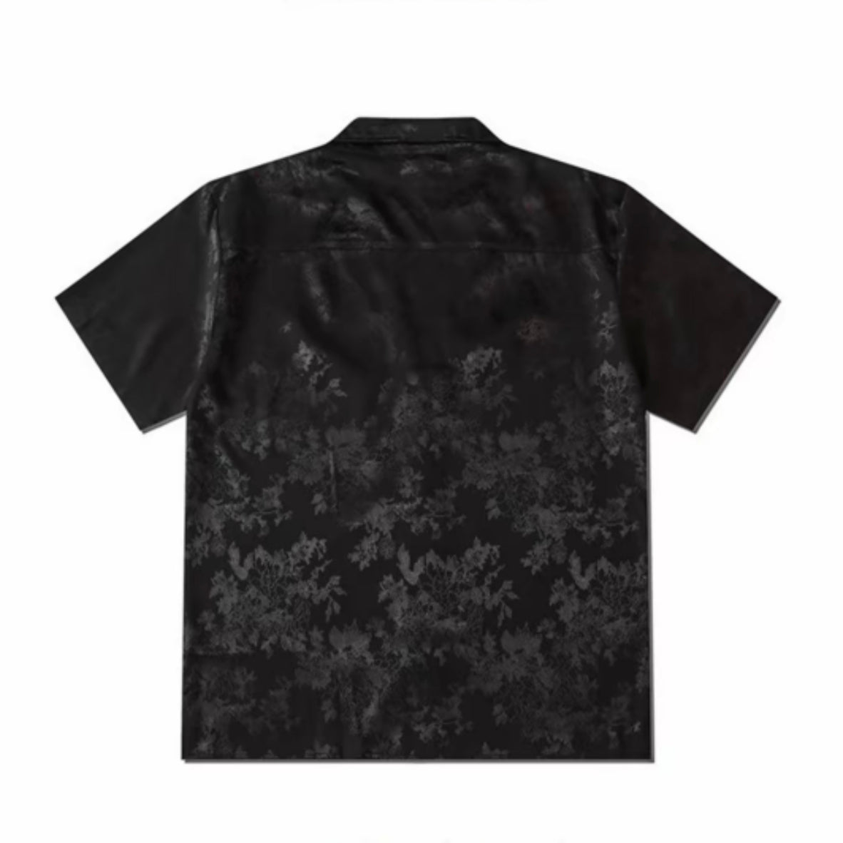 Black Dark Floral Jacquard Cuban Collar Men’s Short‑Sleeve Shirt