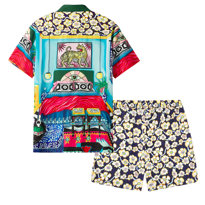 Vintage Bedroom Print Short Sleeve Camp Collar Shirt