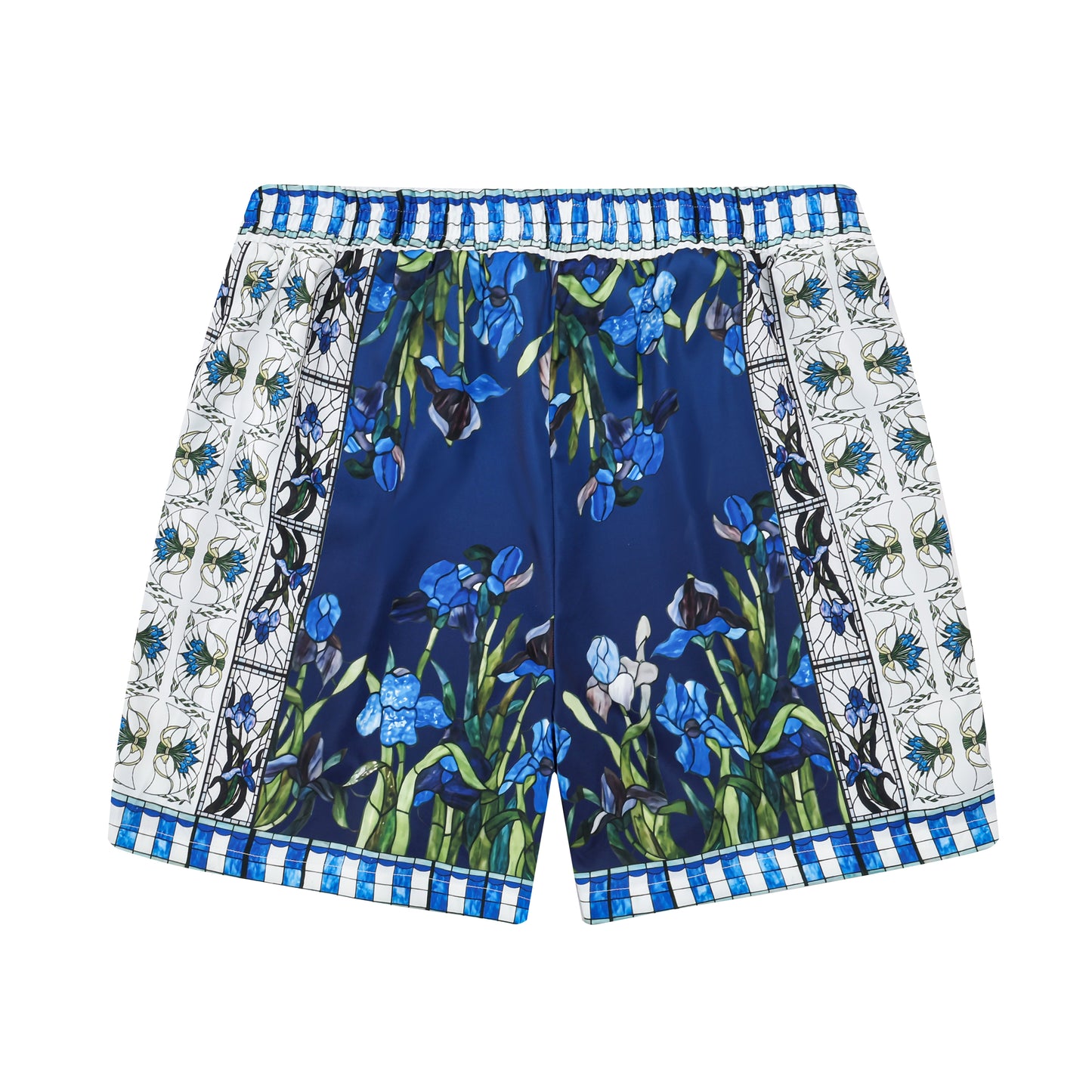 Blue Irises Floral Pattern Silk Fiber Waistband Shorts