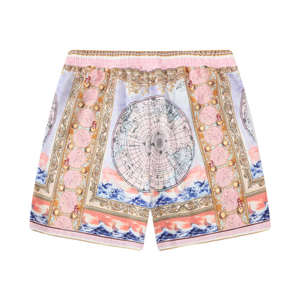 Baroque Globe Pattern Printed Waistband Shorts