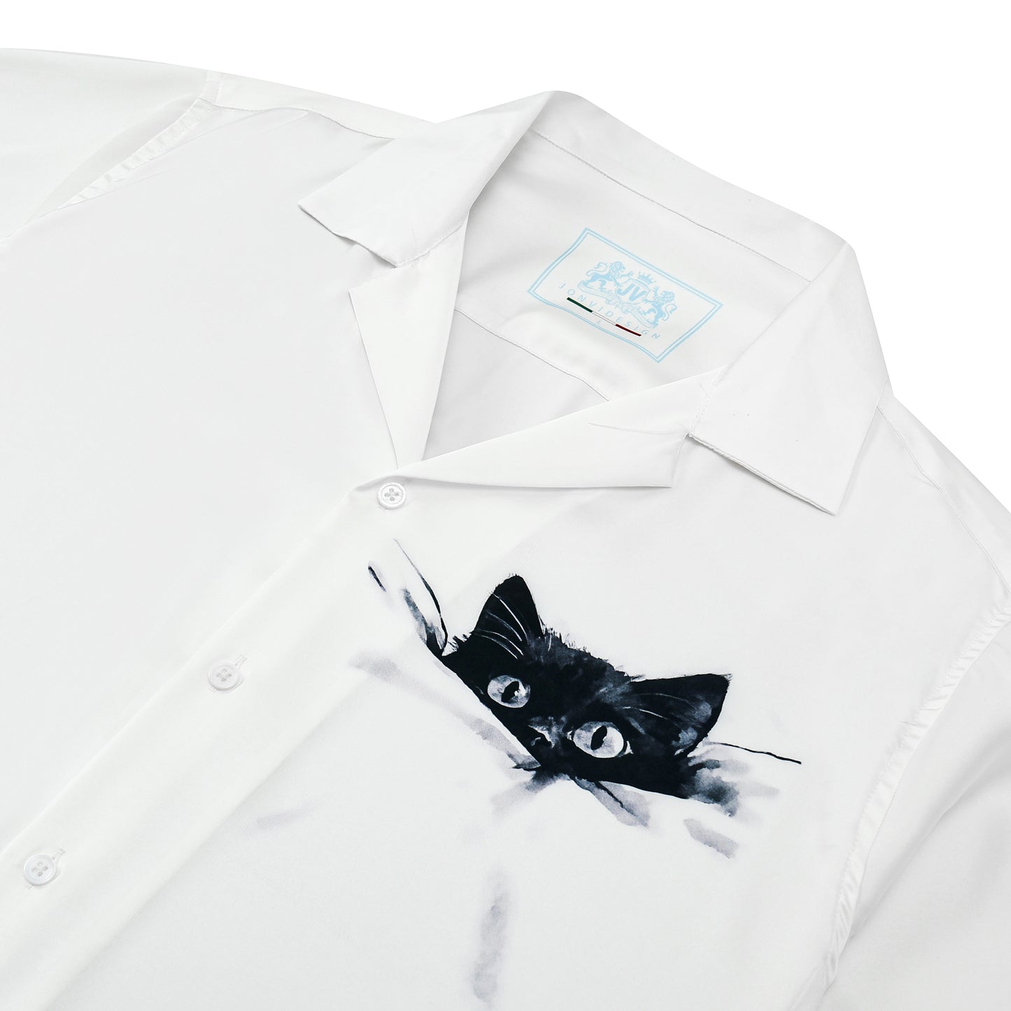 Cat Print Camp Collar Short Sleeve Shirt Simple White Style