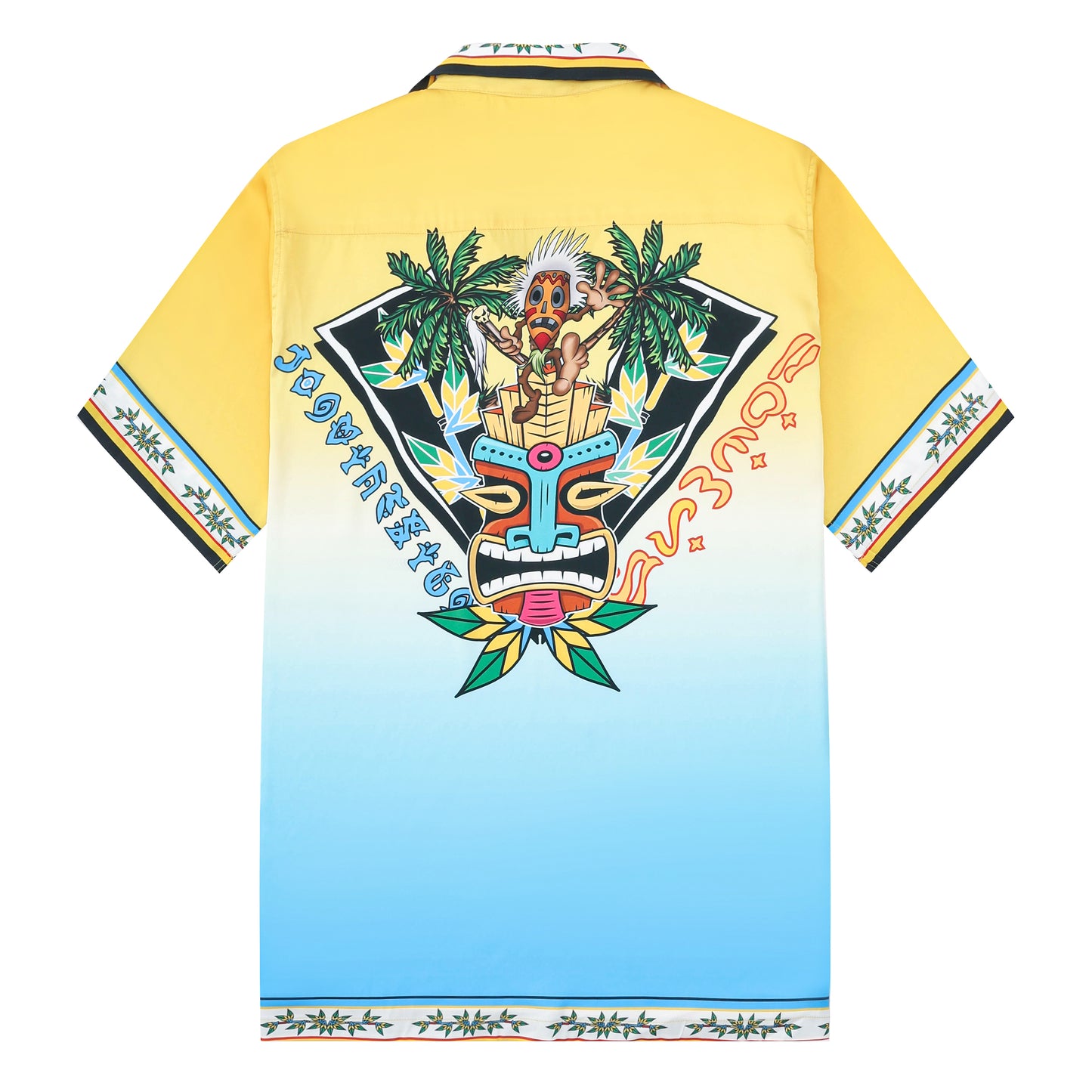 Tropical Vibe Tiki Pattern Short Sleeve Camp Collar Shirt in Yellow