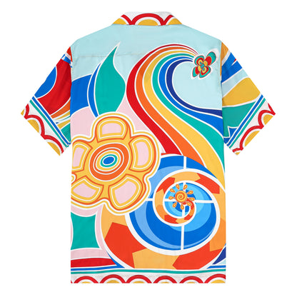 Multicolor Printed Silk Fiber Short Sleeve Camp Collar Shirt