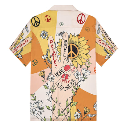 Peace And Love Sunflower Pattern Short Sleeve Camp Collar Shirt