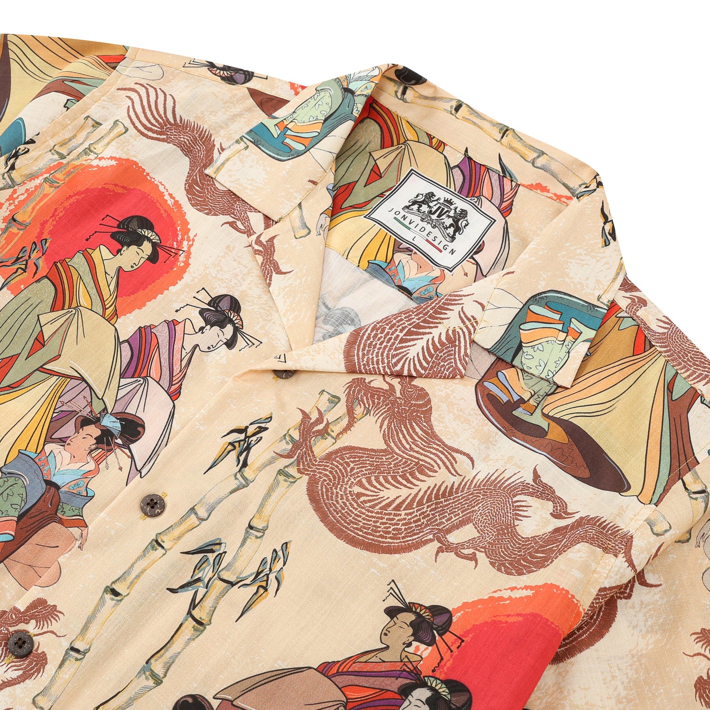 Ukiyo-e Japanese Women Printed Camp Collar Short Sleeve Shirt