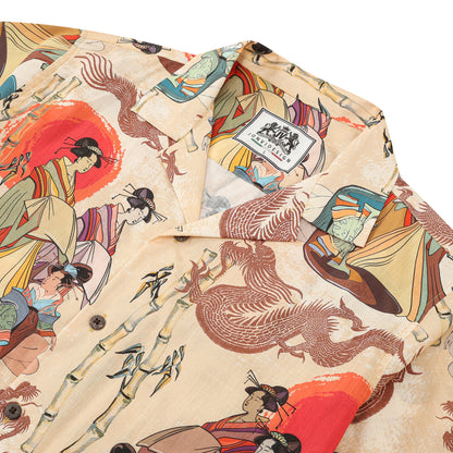 Ukiyo-e Japanese Women Printed Camp Collar Short Sleeve Shirt