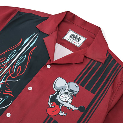 Dark Red Mouse Print Camp Collar Short Sleeve Shirt