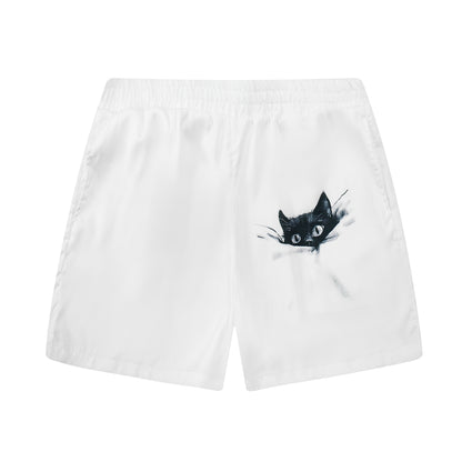 Cat Print Elastic Waistband Summer Casual Shorts  Simple White Style