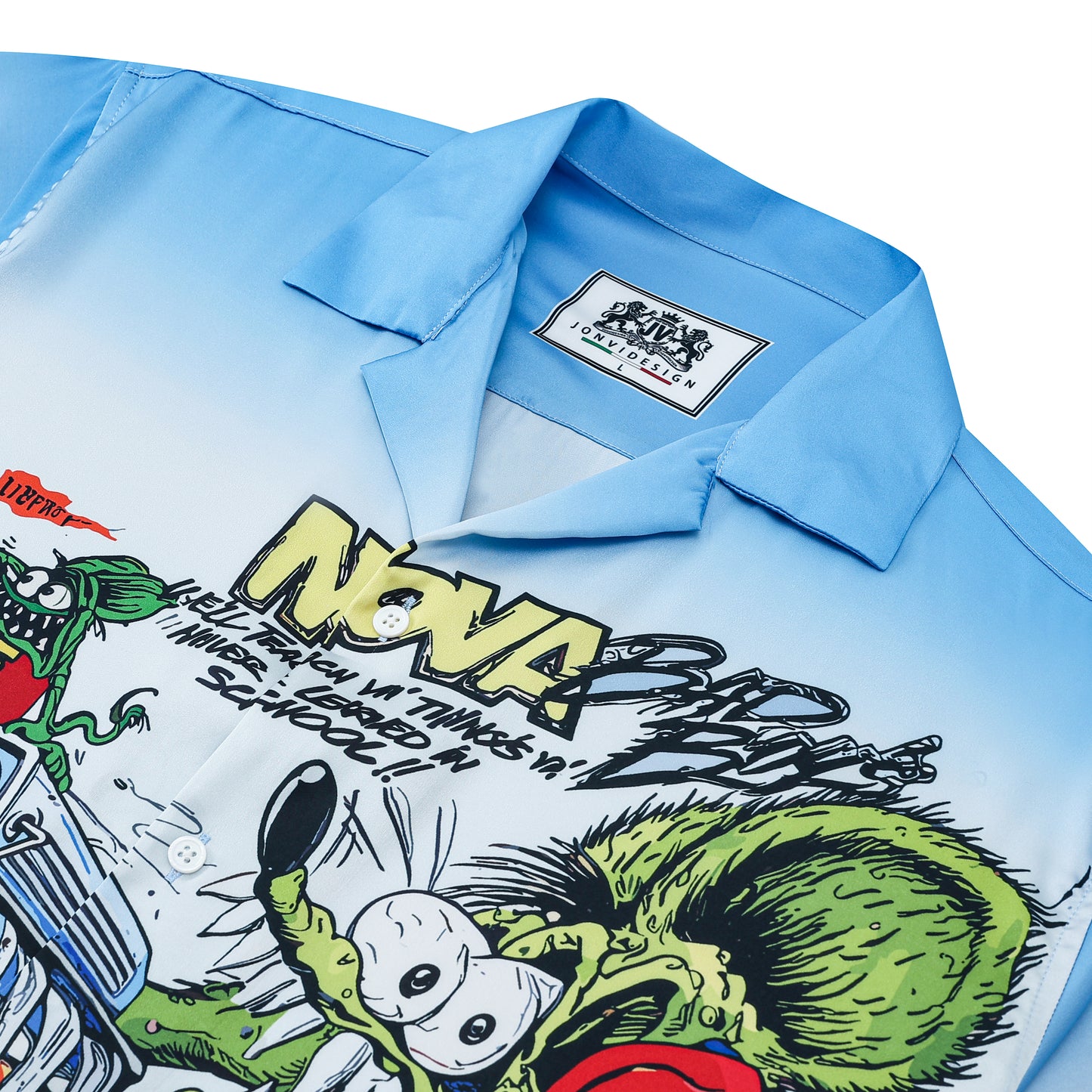 Blue Gradient Mouse Modified Car Print On Black Background Camp Collar Short Sleeve Shirt