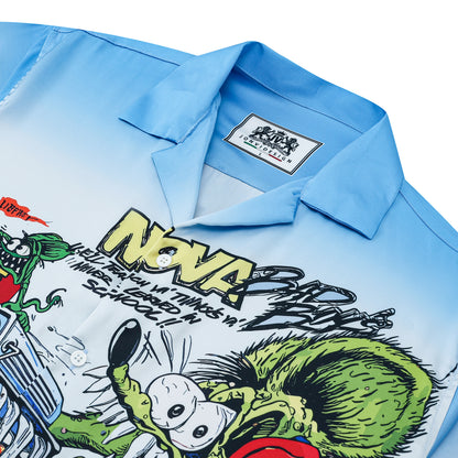 Blue Gradient Mouse Modified Car Print On Black Background Camp Collar Short Sleeve Shirt