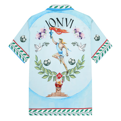Ancient Fire Greek Torch Bearer Print Camp Collar Short Sleeve Shirt