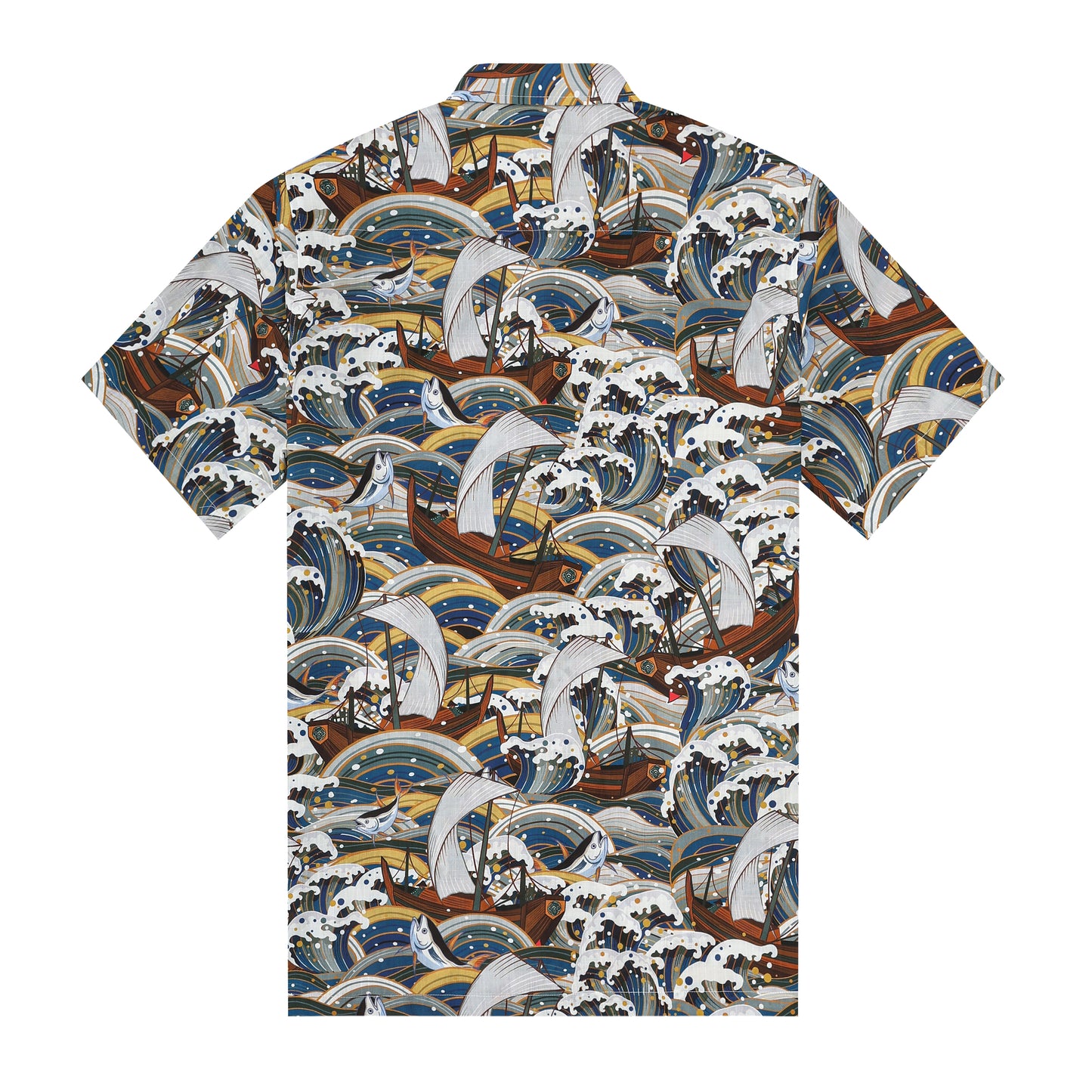 Sailboat Wave Fish Pattern Button Short Sleeve Shirt