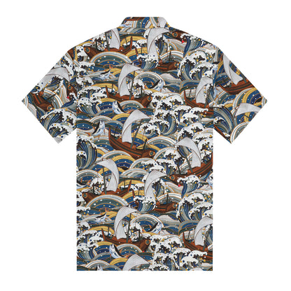 Sailboat Wave Fish Pattern Button Short Sleeve Shirt