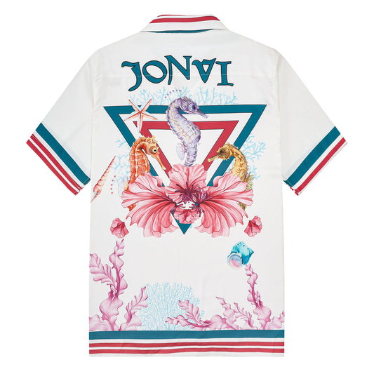 Coral Reef Seahorse Pattern Camp Collar Casual Shirt for Men