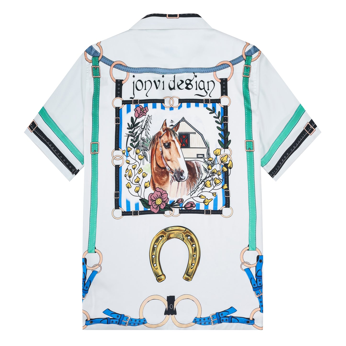 Horse Floral Pattern Camp Collar Casual Shirt for Men