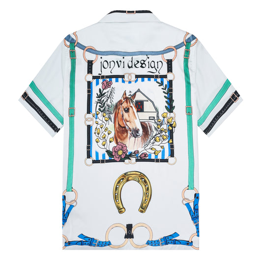 Horse Floral Pattern Camp Collar Casual Shirt for Men
