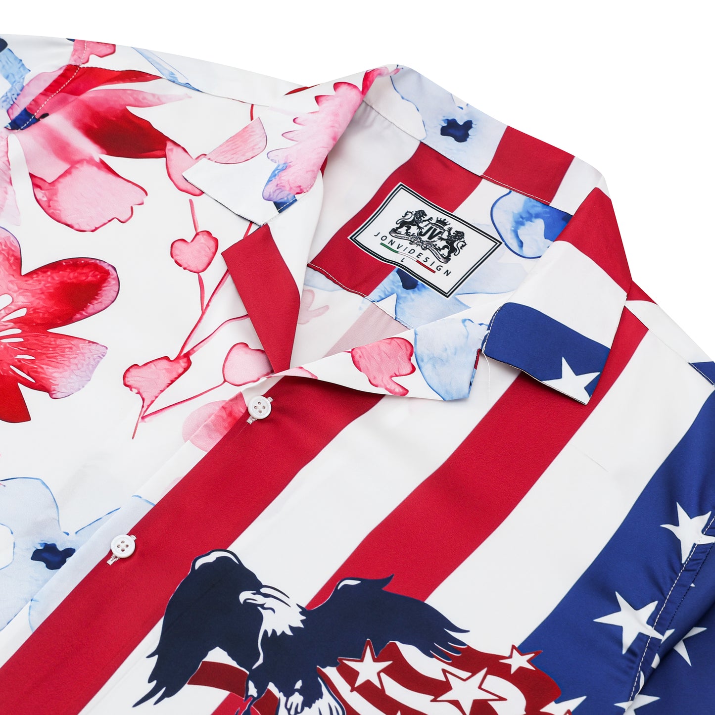 American Flag Floral Pattern Camp Collar Casual Shirt for Men