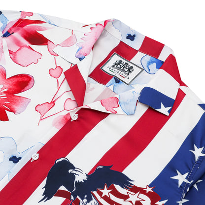 American Flag Floral Pattern Camp Collar Casual Shirt for Men