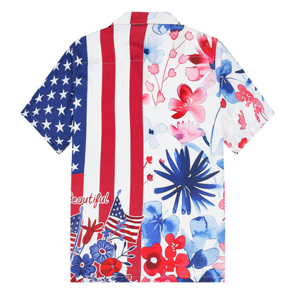 American Flag Floral Pattern Camp Collar Casual Shirt for Men