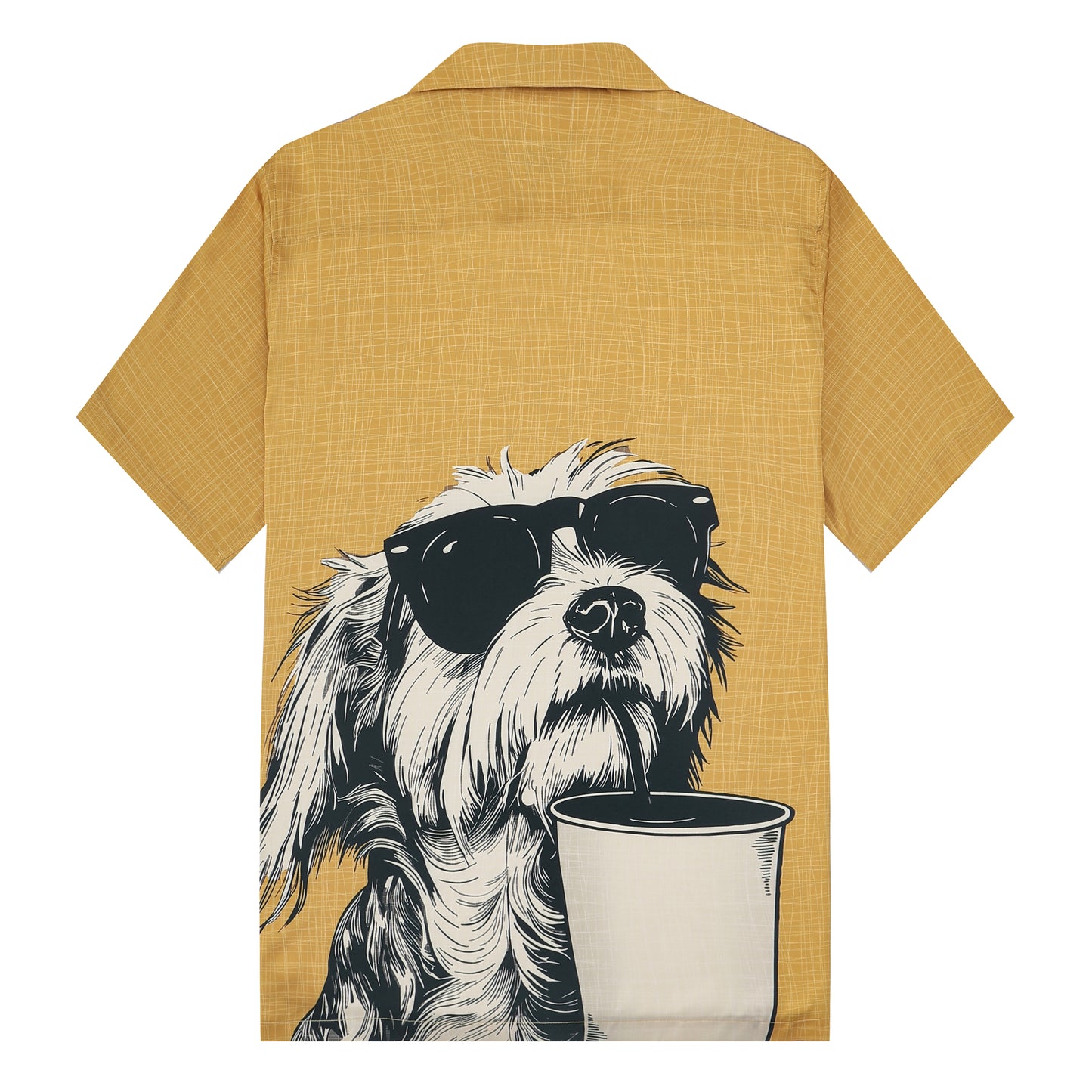 Puppy Drinking Coffee Print Camp Collar Short Sleeve Shirt
