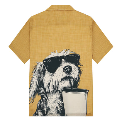 Puppy Drinking Coffee Print Camp Collar Short Sleeve Shirt