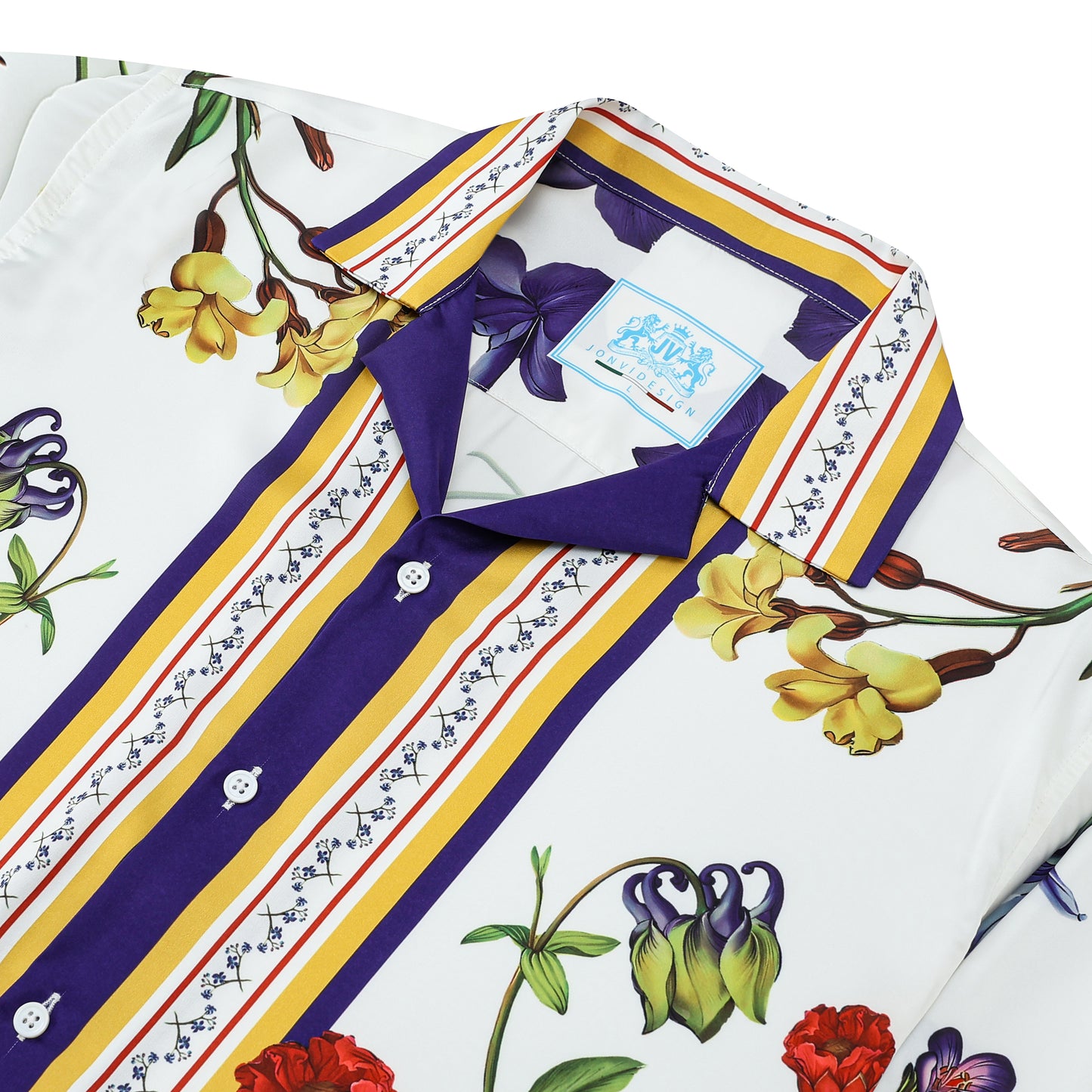 Purple Floral Pattern Long Sleeve Camp Collar Shirt for Men