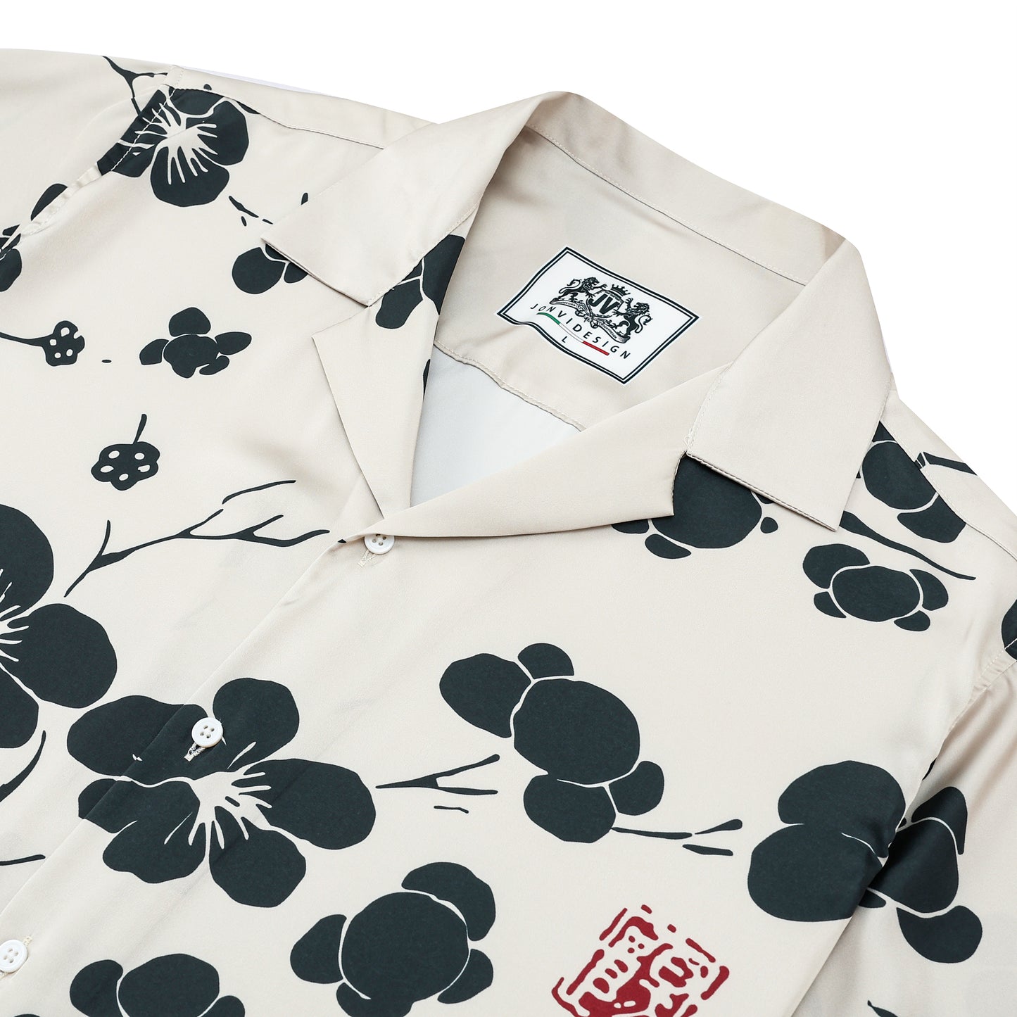 Black Plum Blossom Print Design Camp Collar Short Sleeve Shirt