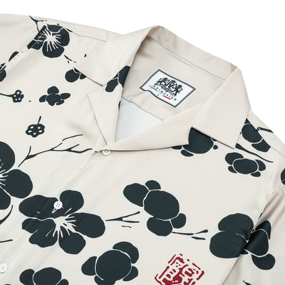Black Plum Blossom Print Design Camp Collar Short Sleeve Shirt
