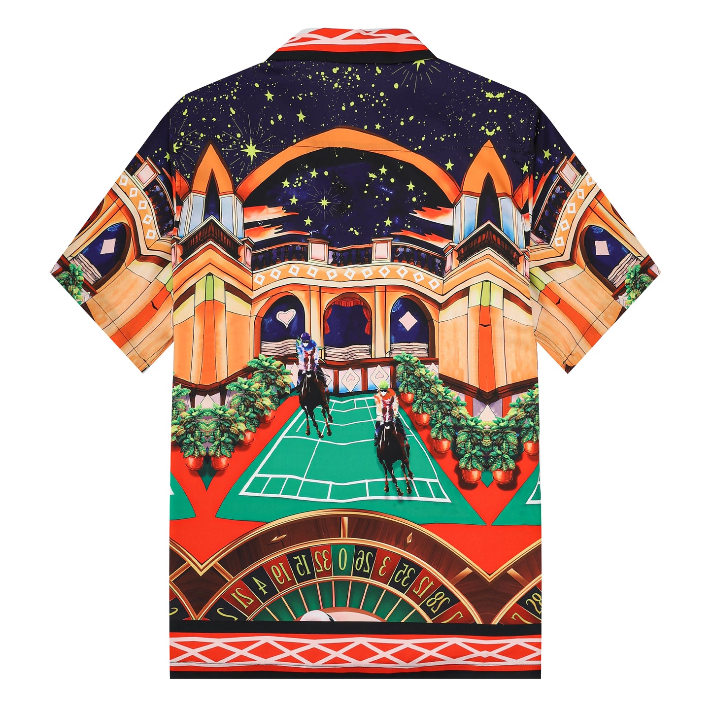 Starry Horse Racing Pattern Silk Fiber Short Sleeve Camp Collar Shirt