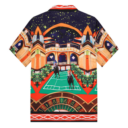 Starry Horse Racing Pattern Silk Fiber Short Sleeve Camp Collar Shirt