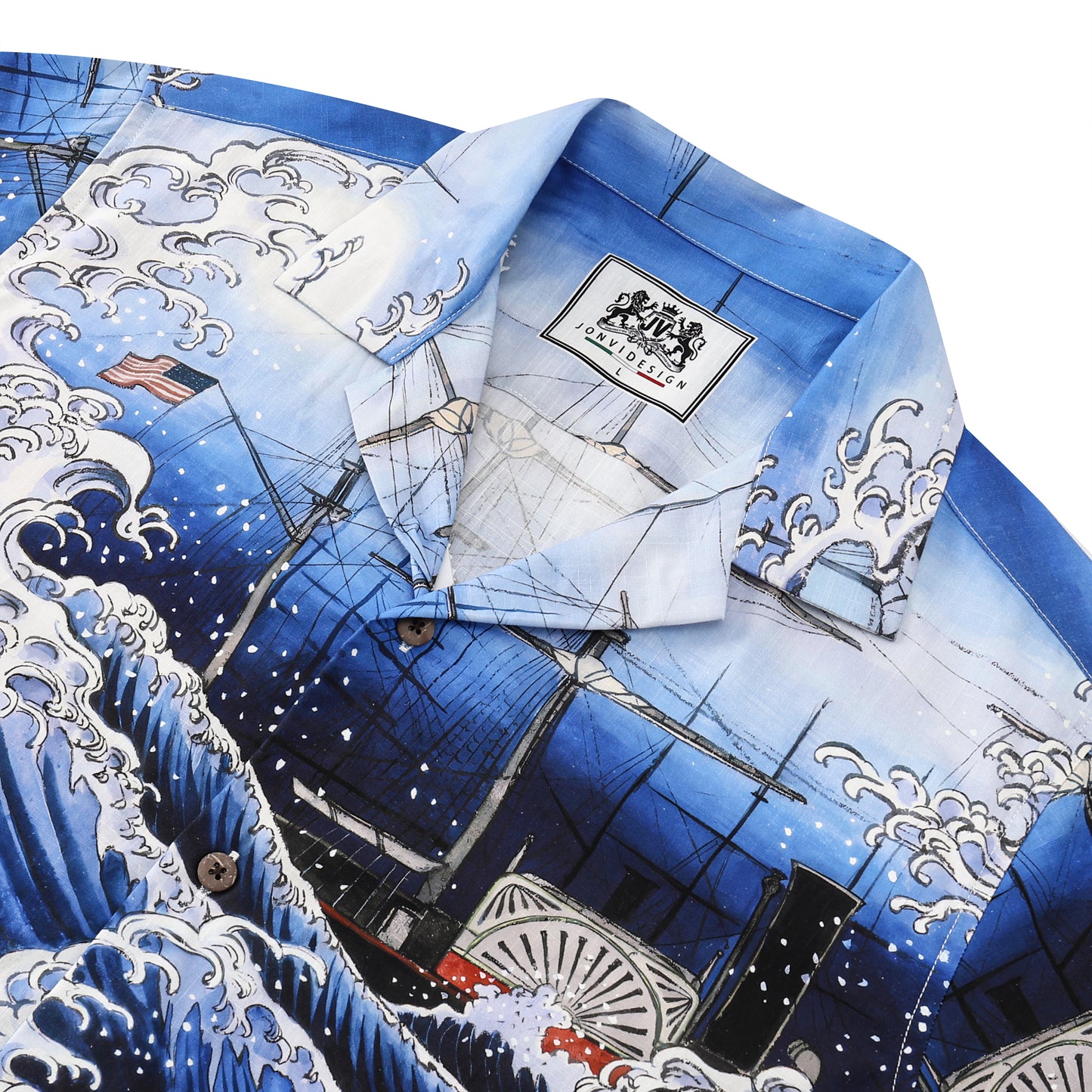 Sea Wave Ukiyoe Style Button Short Sleeve Shirt