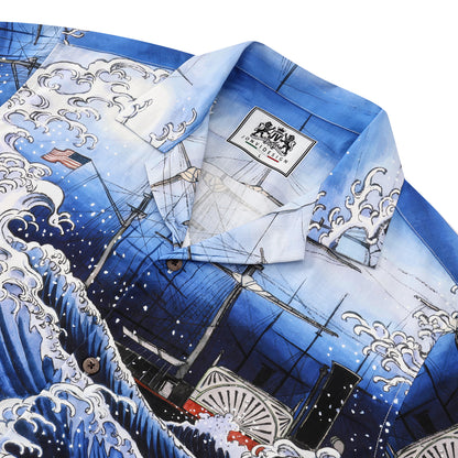 Sea Wave Ukiyoe Style Button Short Sleeve Shirt