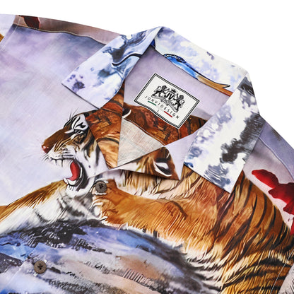 Tiger Dragon Pattern Button Camp Collar Short Sleeve Shirt
