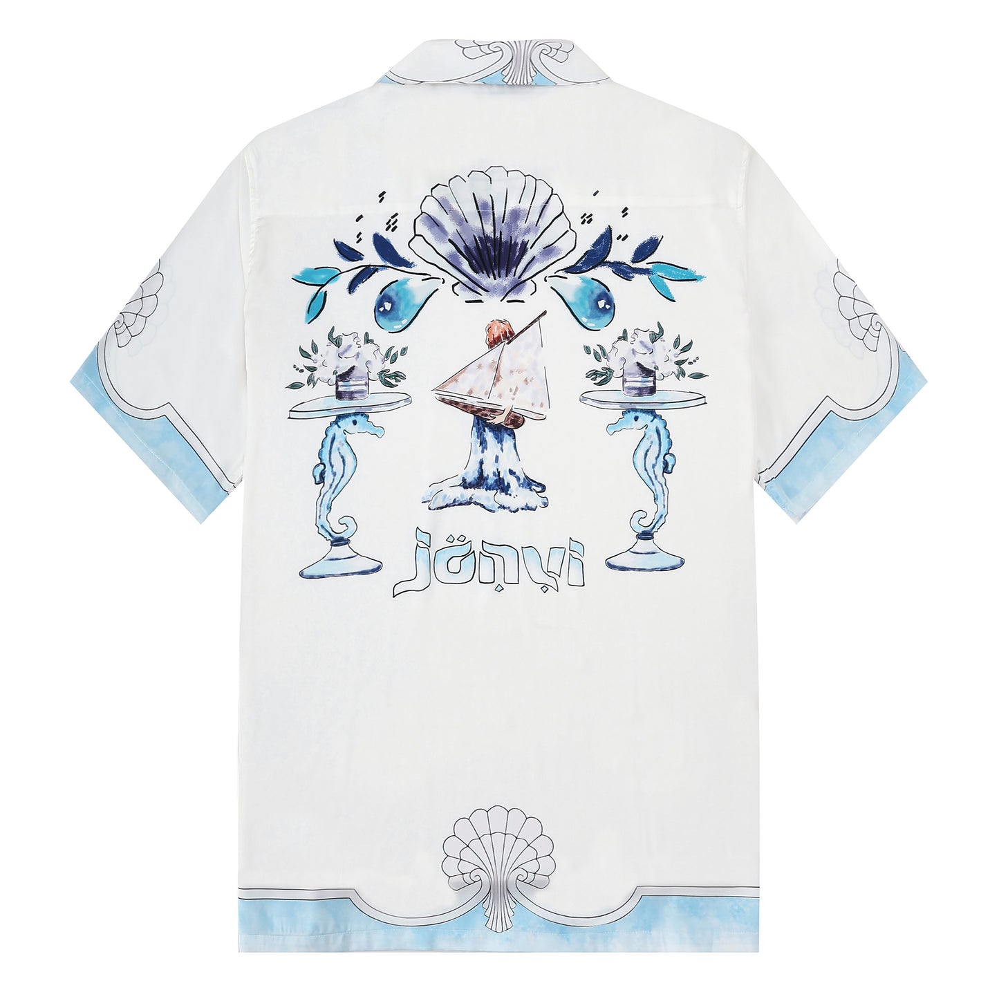 Blue Seahorse Shell Pattern Camp Collar Short Sleeve Shirt