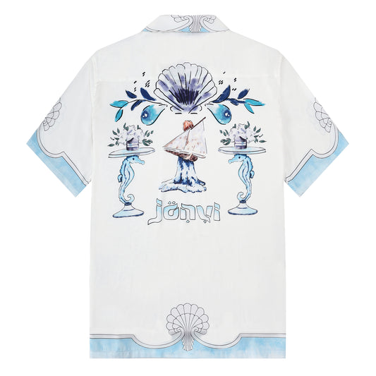 Blue Seahorse Shell Pattern Camp Collar Short Sleeve Shirt