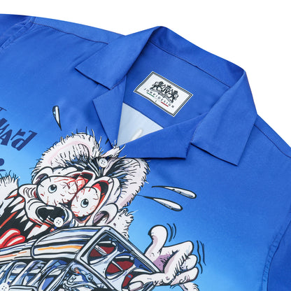 Blue Gradient Mouse Print Camp Collar Short Sleeve Shirt