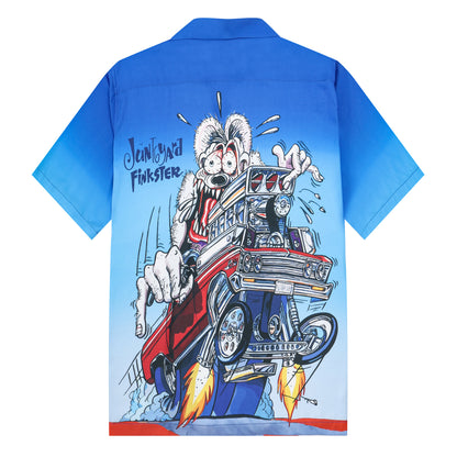 Blue Gradient Mouse Print Camp Collar Short Sleeve Shirt
