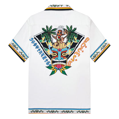 Tropical Vibe Tiki Pattern Short Sleeve Camp Collar Shirt