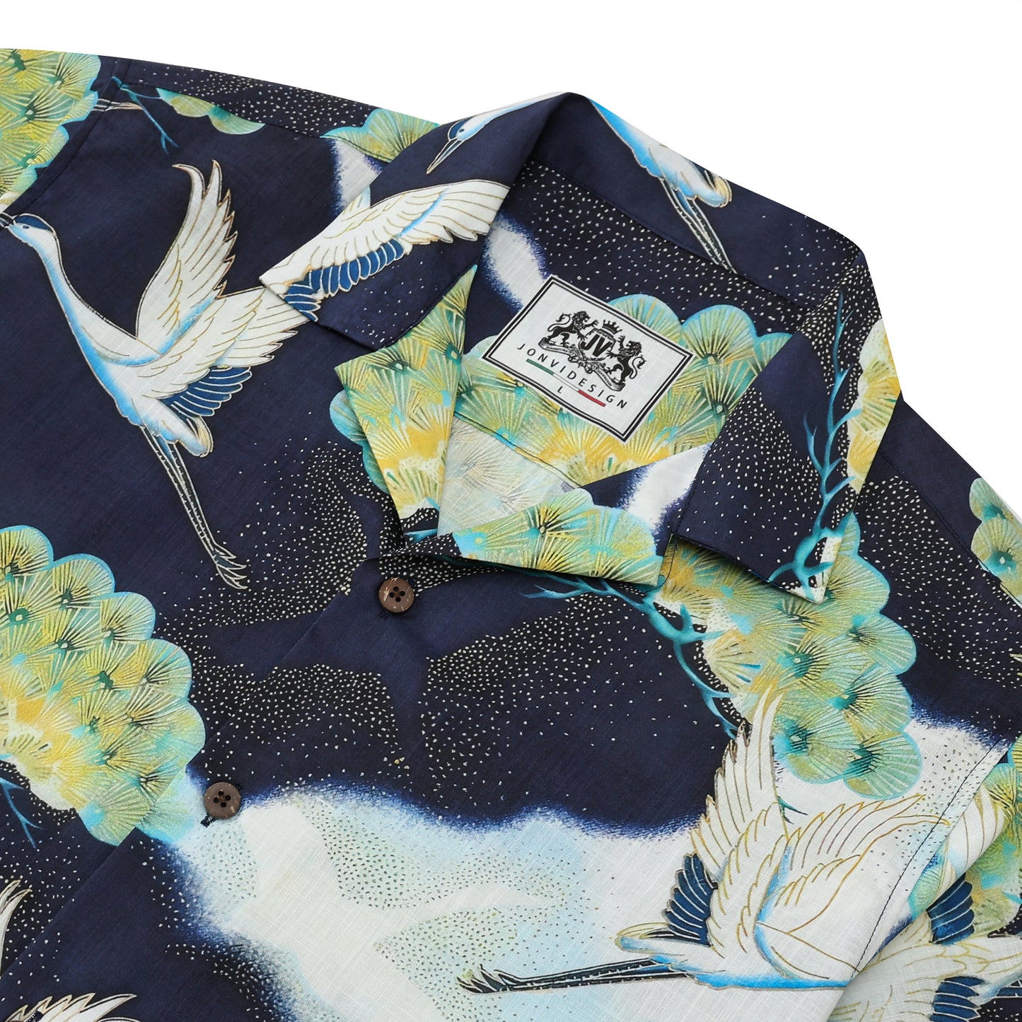 Ukiyo-e Crane Pattern Camp Collar Short Sleeve Shirt