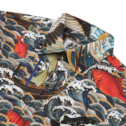 Crane Wave Koi Fish Pattern Button Short Sleeve Shirt