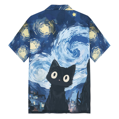 Cat Print Camp Collar Short Sleeve Shirt Abstract Art Style