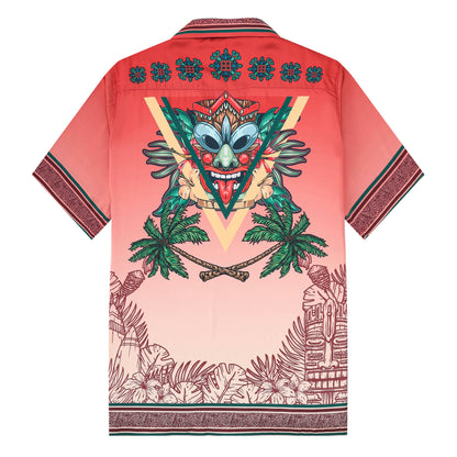 Palm Tree Tiki Themed Pattern Short Sleeve Camp Collar Shirt