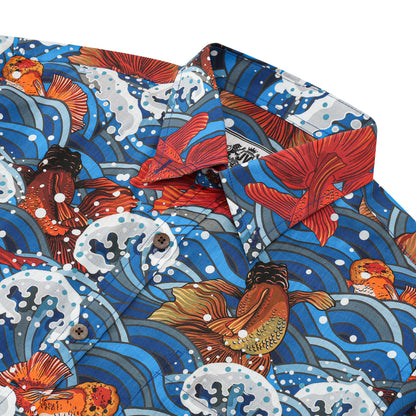Sailboat Wave Koi Fish Pattern Button Short Sleeve Shirt