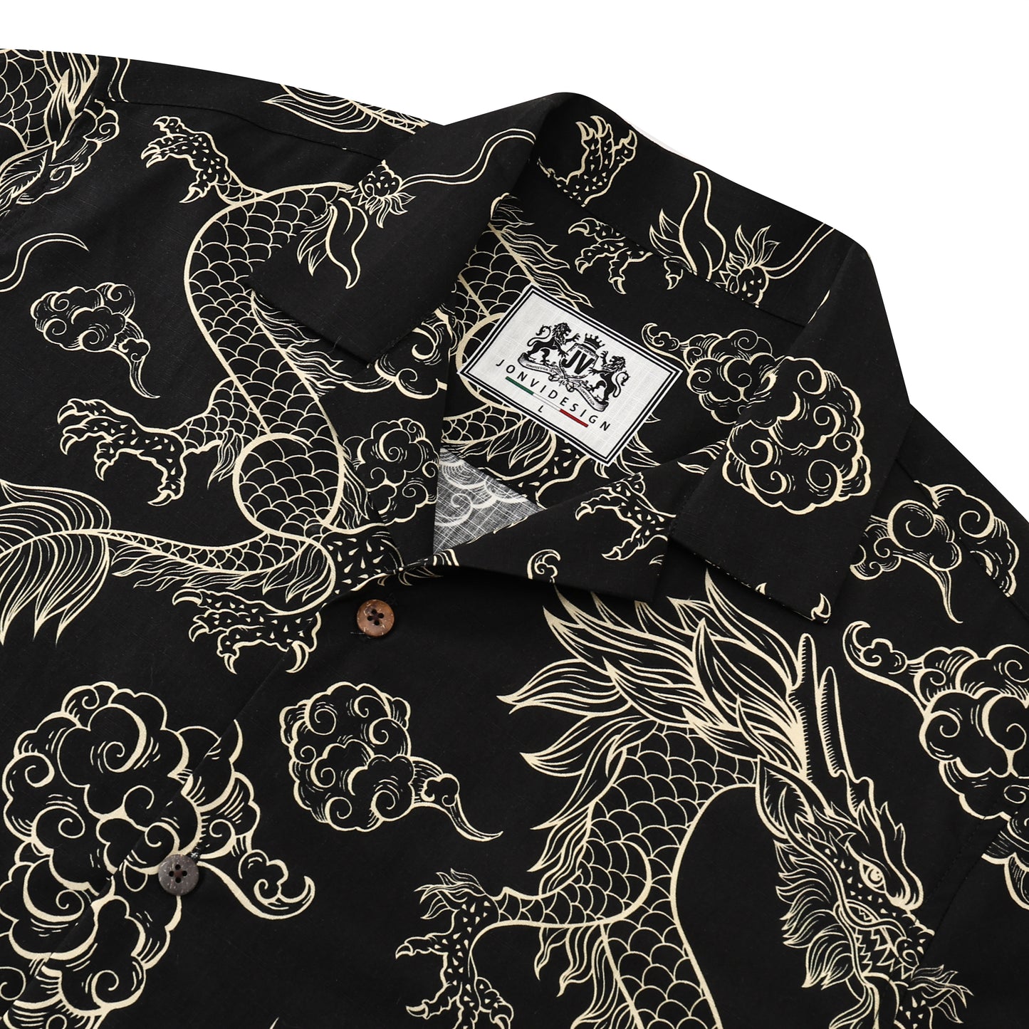 Dragon Pattern Button Short Sleeve Shirt in Black