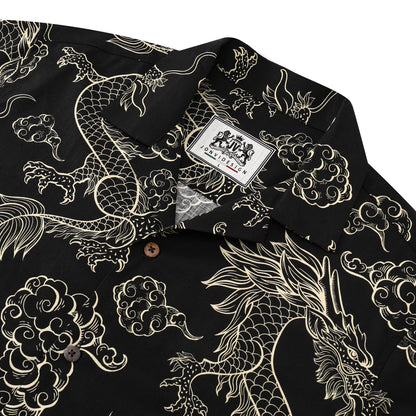 Dragon Pattern Button Short Sleeve Shirt in Black