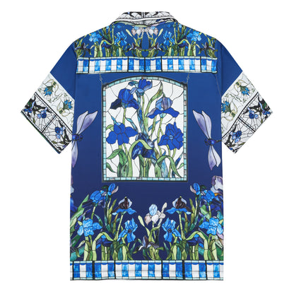 Blue Irises Floral Pattern Camp Collar Casual Shirt for Men
