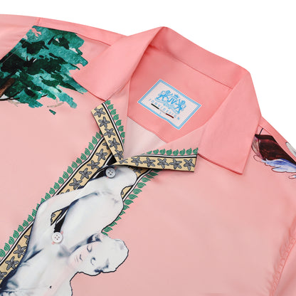 Pink Goddess Statue Pattern Camp Collar Casual Shirt