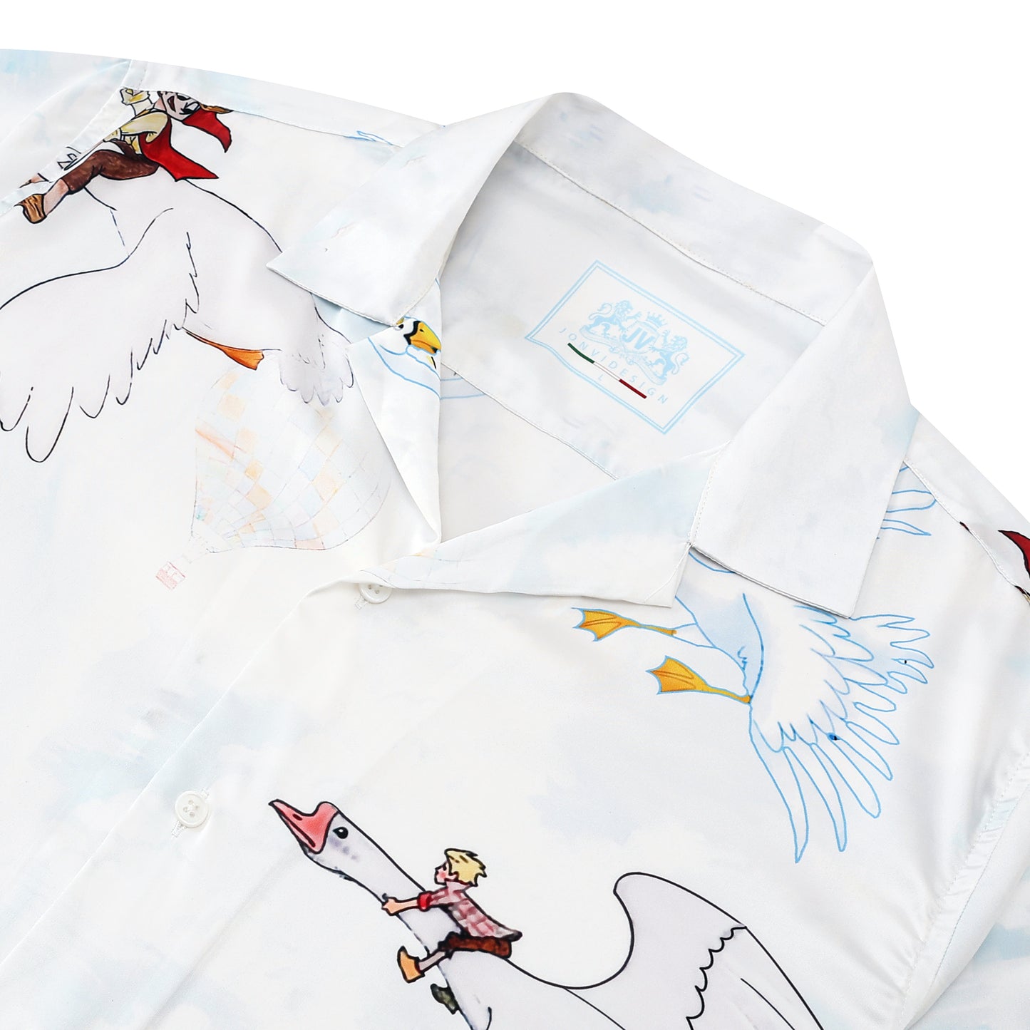 Red-crowned Crane Print Short Sleeve Camp Collar Shirt
